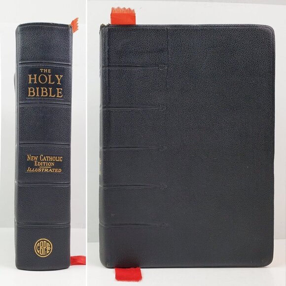 Holy Bible New Catholic Edition Illustrated Vintage 1954 Gold Gilded Leather - Picture 1 of 10